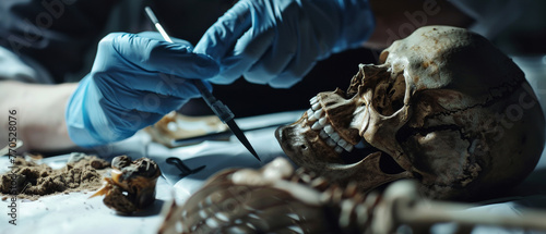 A forensic anthropologist meticulously examines an ancient human skull in a dimly lit lab.