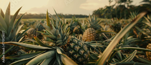 A tranquil pineapple field basks in the golden light of a tropical sunset.