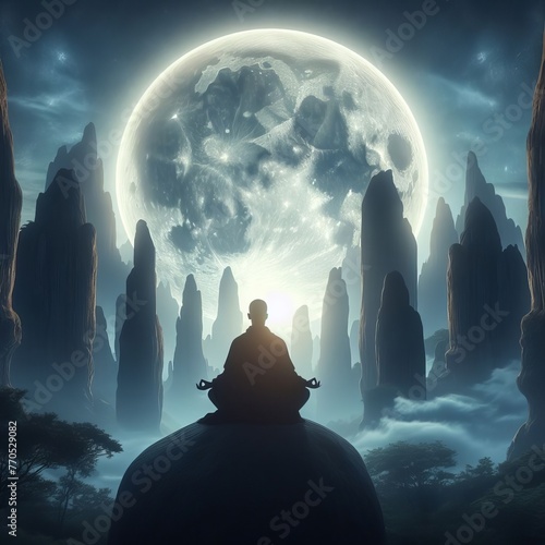 Silhouette of a person meditating under a massive moon amidst towering rock formations, exuding a sense of peace and transcendence. AI generation