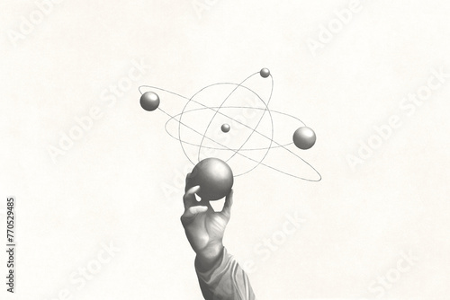 Foto illustration of hand holding sphere that represents planets activities, science