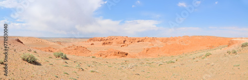 View on Bayanzag Flaming Cliffs on the Mongolian Gobi desert containing fossils of jurassic dinosaurs