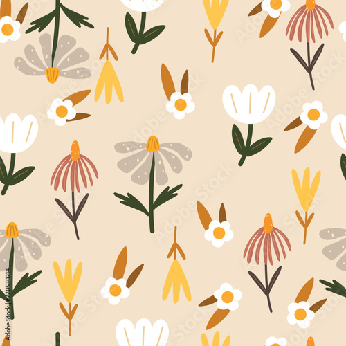 Seamless pattern with cartoon flowers, cute print. Vector illustration.