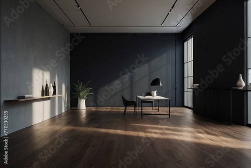 A room with a table and chairs in it, empty room with black walls, dark interior