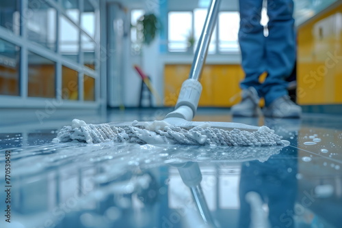 Closeup of cleaning the floor with a mop