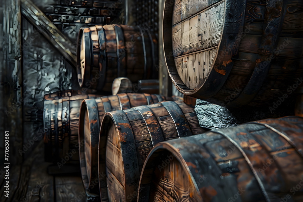 Wooden wine barrels next to each other in a wine cellar Wooden wine barrels next to each other in a wine cellar