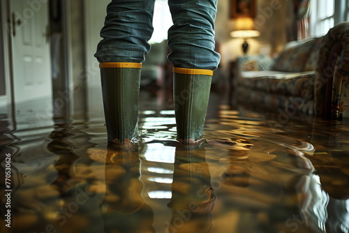 A person standing in a flooded house in a living room