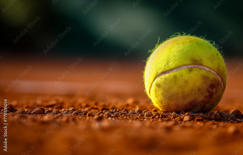 Close-up of tennis ball on red clay court surface