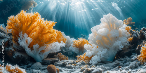 Sunlight streaming through water over vibrant coral reef © thodonal