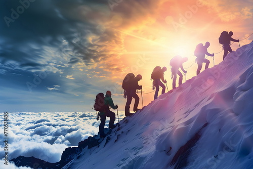 Group of hikers climbing on a mountain during winter in snow