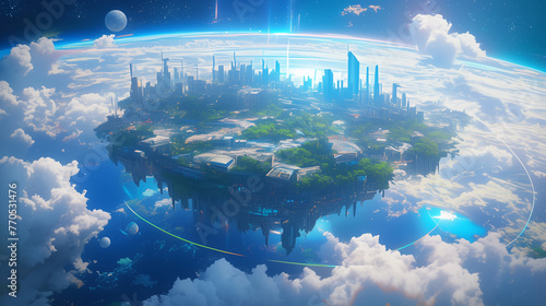 Futuristic Cityscape on a Floating Space Island - Earth's Majestic Backdrop
