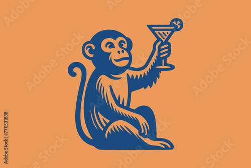 Monkey with a cocktail. Vintage retro illustration, emblem logo.