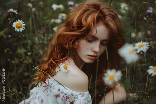 Captivating Redhead Woman Surrounded by Daisies in Serene Natural Setting