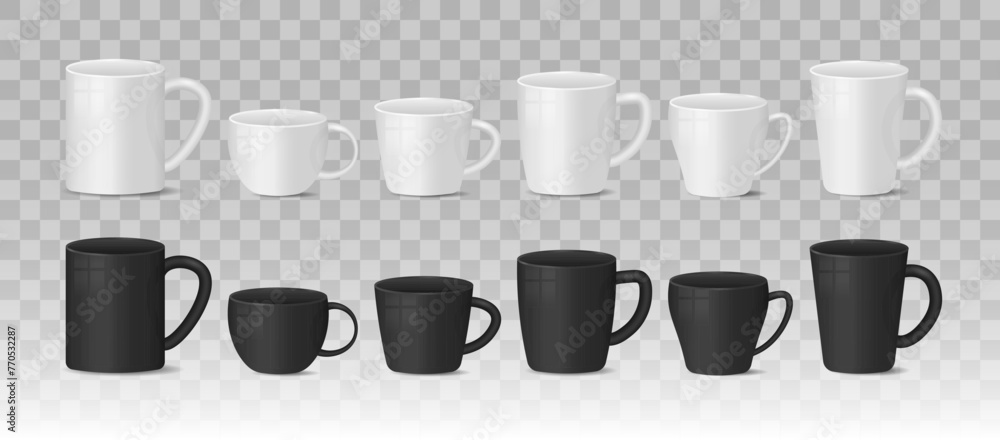 Realistic blank white and black coffee mug cups on white background. Templates for mock up. Hot drink container cup collection with shiny surface. Realistic 3D style. Vector illustration
