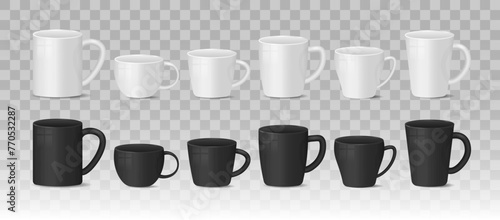 Realistic blank white and black coffee mug cups on white background. Templates for mock up. Hot drink container cup collection with shiny surface. Realistic 3D style. Vector illustration