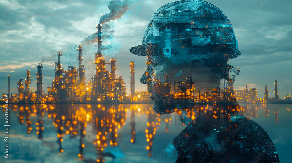 Double exposure of man in gas mask and oil refinery. Concept of industry 4.0