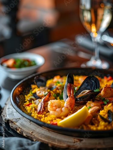 Delectable Spanish Paella Overflowing with Succulent Seafood and Fragrant Saffron Rice