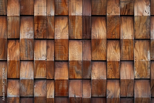 Seamless wooden acoustic panels texture, brown wood wall pattern, long panoramic banner background © furyon