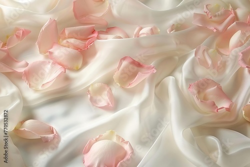 Soft pink rose petals scattered on white silk, romantic wedding background, elegant floral photo