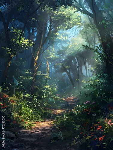 Enchanted Forest Pathway of Verdant Majesty and Tranquil Wonder