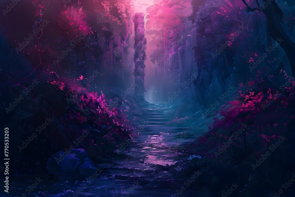 Enchanting Fairy-Tale Forest Waterfall Path Under Vibrant Glowing Skies