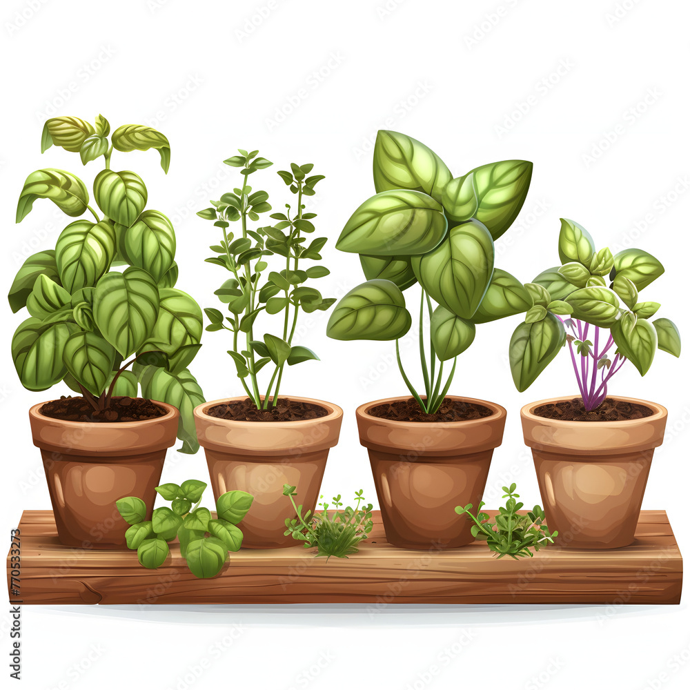 Potted herbs on a windowsill isolated on white background, detailed, png
