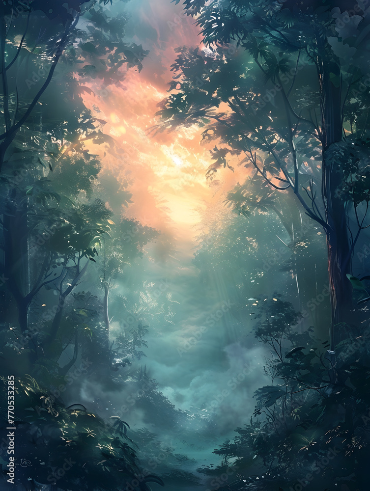 Enchanting Misty Forest Landscape with Vibrant Ethereal Lighting and Mystical Atmosphere
