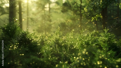 Enchanting Forest Glade Bathed in Soft Dappled Sunlight and Lush Greenery © Mickey