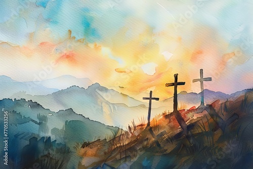 Three crosses silhouetted on mountaintop against sunlit sky, symbolizing Christian faith, watercolor painting