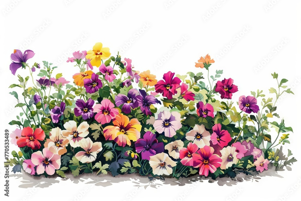 Vibrant Bush of Flowers Isolated on White, Spring Garden Floral Arrangement, Digital Illustration Vibrant Bush of Flowers Isolated on White, Spring Garden Floral Arrangement, Digital Illustration