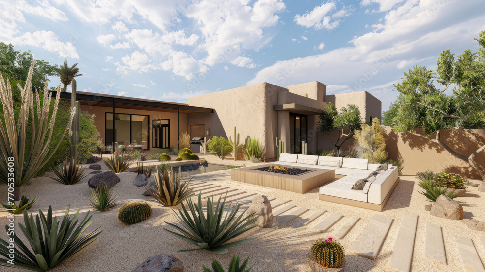 Fototapeta premium This high-end desert home's exterior showcases a beautifully landscaped garden with a variety of succulents, perfect for outdoor living and entertaining