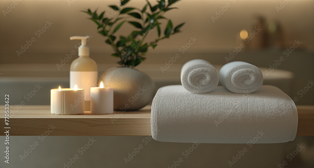 Interior of massage spa beaquty salon with towels and flowers. Spa and beauty concept banner - obrazy, fototapety, plakaty 