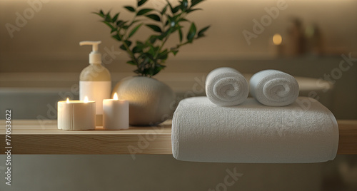 Interior of massage spa beaquty salon with towels and flowers. Spa and beauty concept banner
