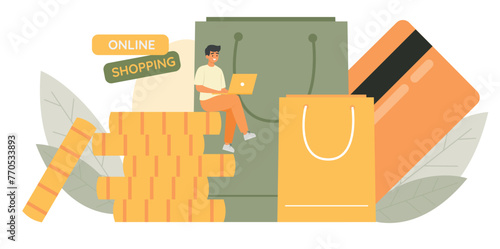 Order online concept. Man making order using laptop. Cashless payments