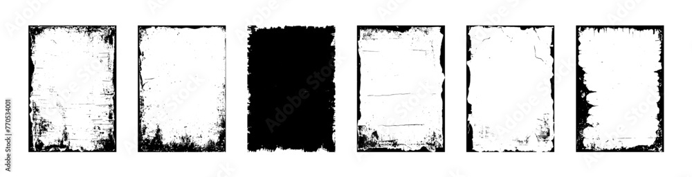 Vector distressed grunge overlay border set with ink brush stroke and torn paper effect. Dirty photo frame for any media business template. Vector illustration of rough, dirty, grainy design.