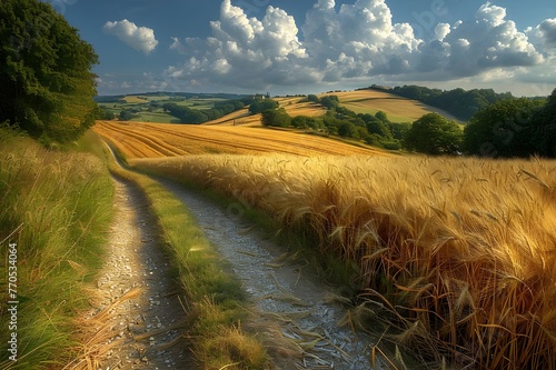  A picturesque countryside scene with fields of golden wheat stretching to the horizon under a blue sky. 