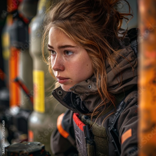 Focused young woman in bomb disposal suit looking serious on duty © Georgii