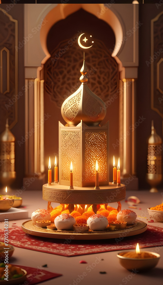 Ornamental Arabic lanterns with burning candles glowing at night. Plate with date fruit on the table