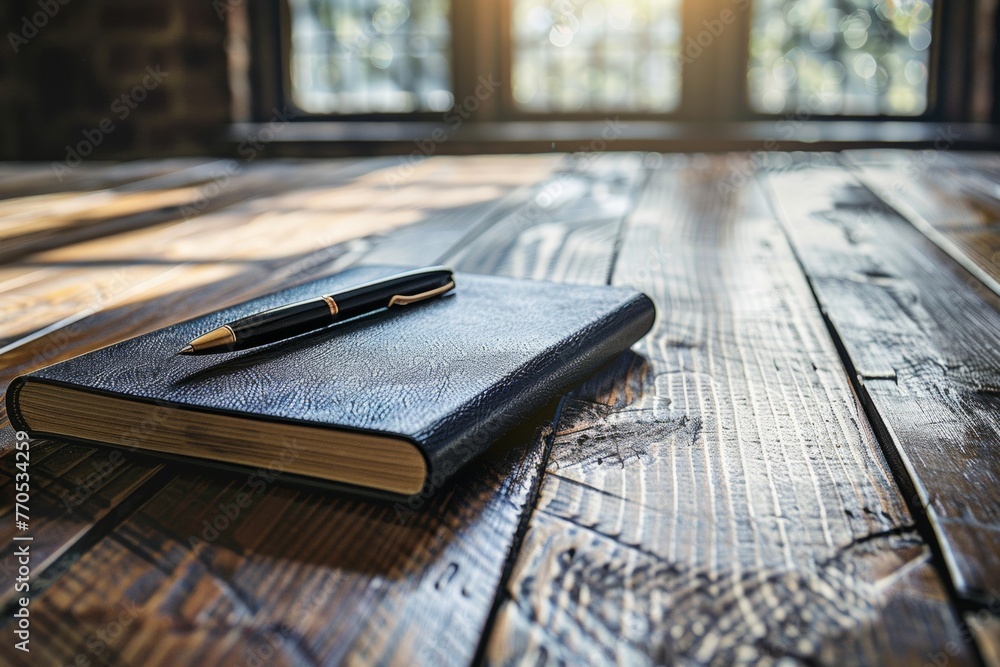 Morning light streams over a leather notebook and pen, inviting inspiration. - obrazy, fototapety, plakaty 