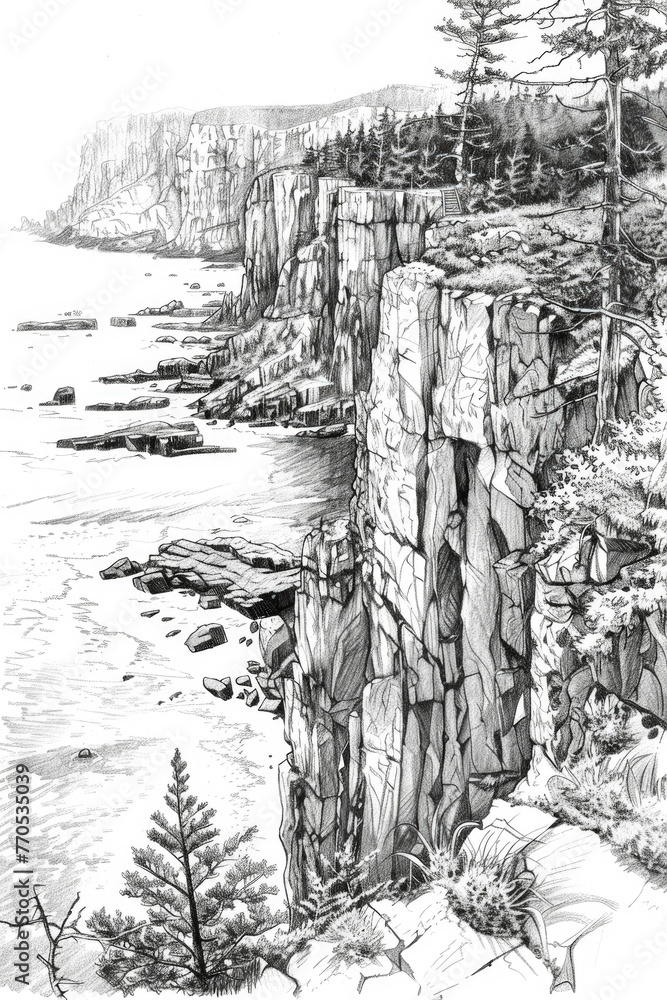 A detailed pencil sketch of a rugged cliff overlooking the vast ocean, capturing the dynamic contrast between land and sea