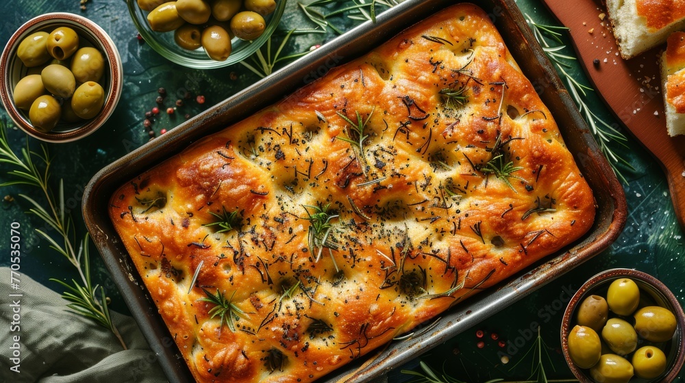 custom made wallpaper toronto digitalFreshly baked Italian focaccia bread with herbs and olives on top