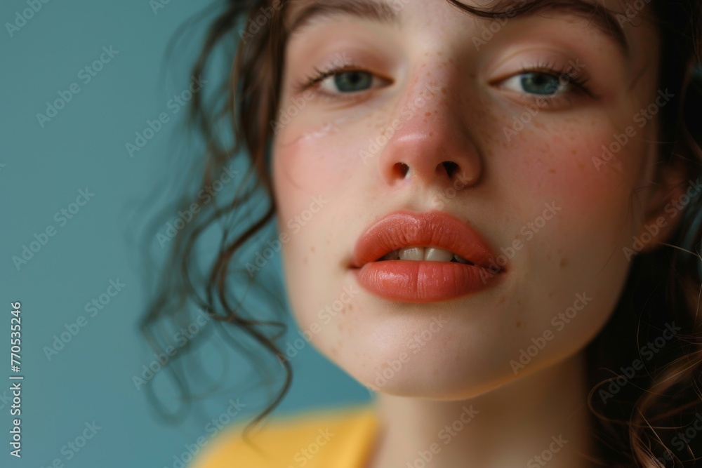 Close-up of young adult applying organic lip balm with natural look Close-up of young adult applying organic lip balm with natural look