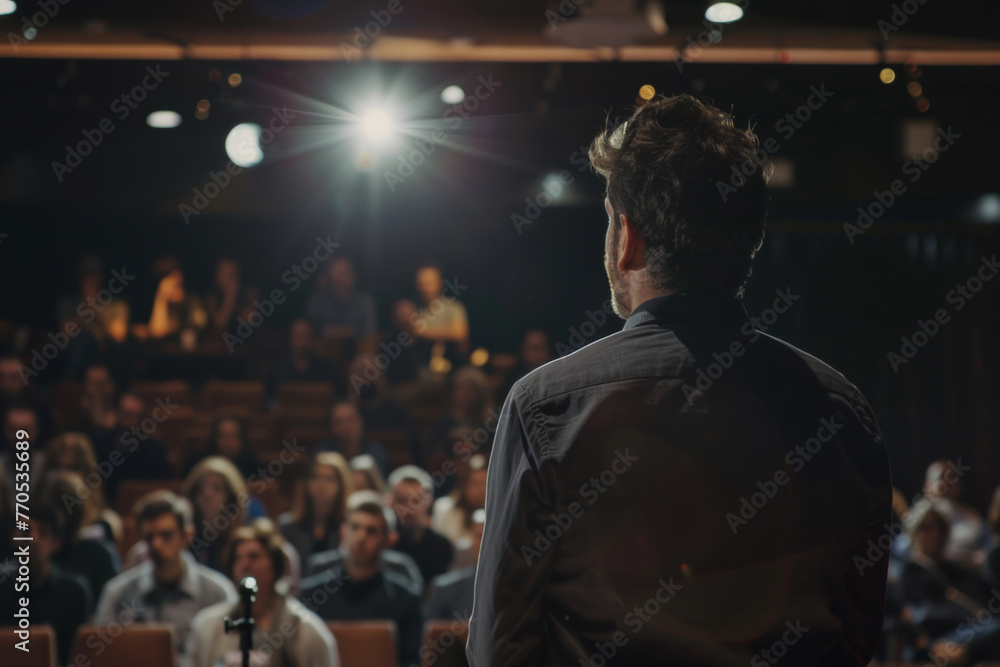 A speaker engaging an audience, backlit under the bright stage spotlight. A speaker engaging an audience, backlit under the bright stage spotlight.