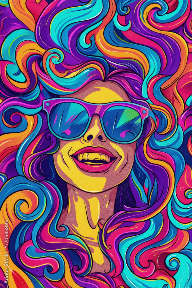A womans face radiates joy amongst a swirl of vivid colors; her sunglasses reflect the same kaleidoscopic pattern