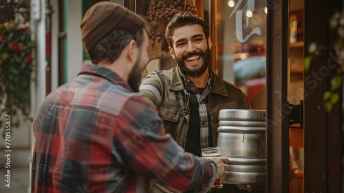 Two Friends Sharing a Laugh Outside a Cafe, Holding a Metal Keg. Casual Urban Friendship Scene with Warm Vibes. Candid Lifestyle Moment Captured in a City Setting. AI