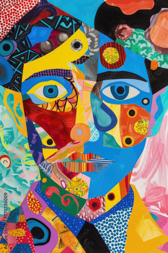 A painting capturing a mans face in vibrant, varied colors, showcasing a unique artistic expression and intricate details