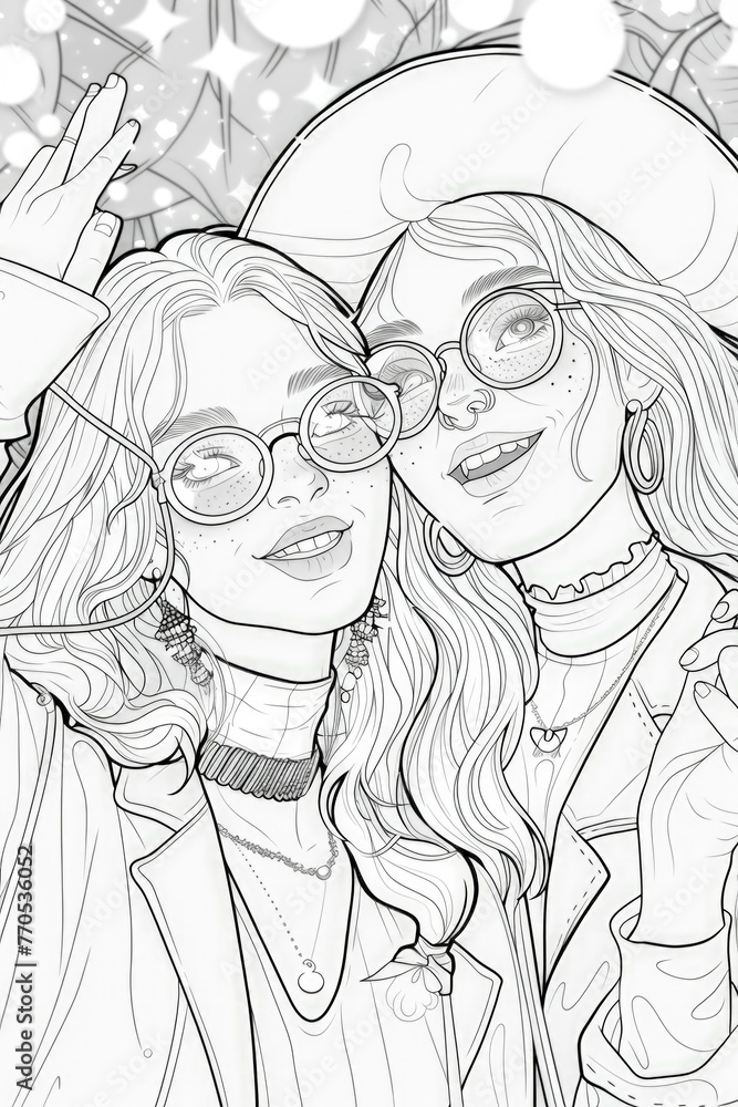 Coloring page of two smiling female friends, in stylish attire and glasses, pose closely together