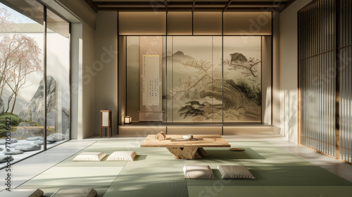 A serene traditional Japanese tea room featuring a beautiful wall scroll and tatami floor mats