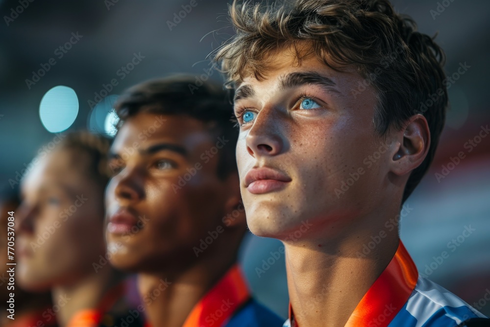A teen boy with deep blue eyes exhibits an intense focus and anticipation while at a sporting event, absorbing the atmosphere A teen boy with deep blue eyes exhibits an intense focus and anticipation while at a sporting event, absorbing the atmosphere