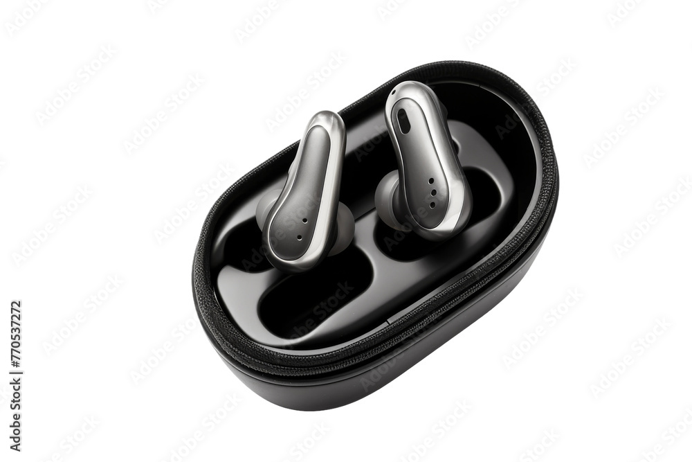 Black Earbuds in Protective Case. On a White or Clear Surface PNG Transparent Background. Black Earbuds in Protective Case. On a White or Clear Surface PNG Transparent Background.