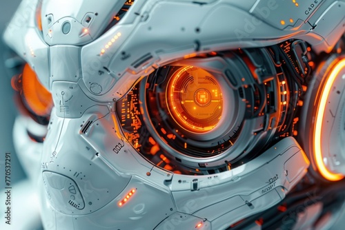 Detailed view of a robots face, showing glowing eyes and intricate design.